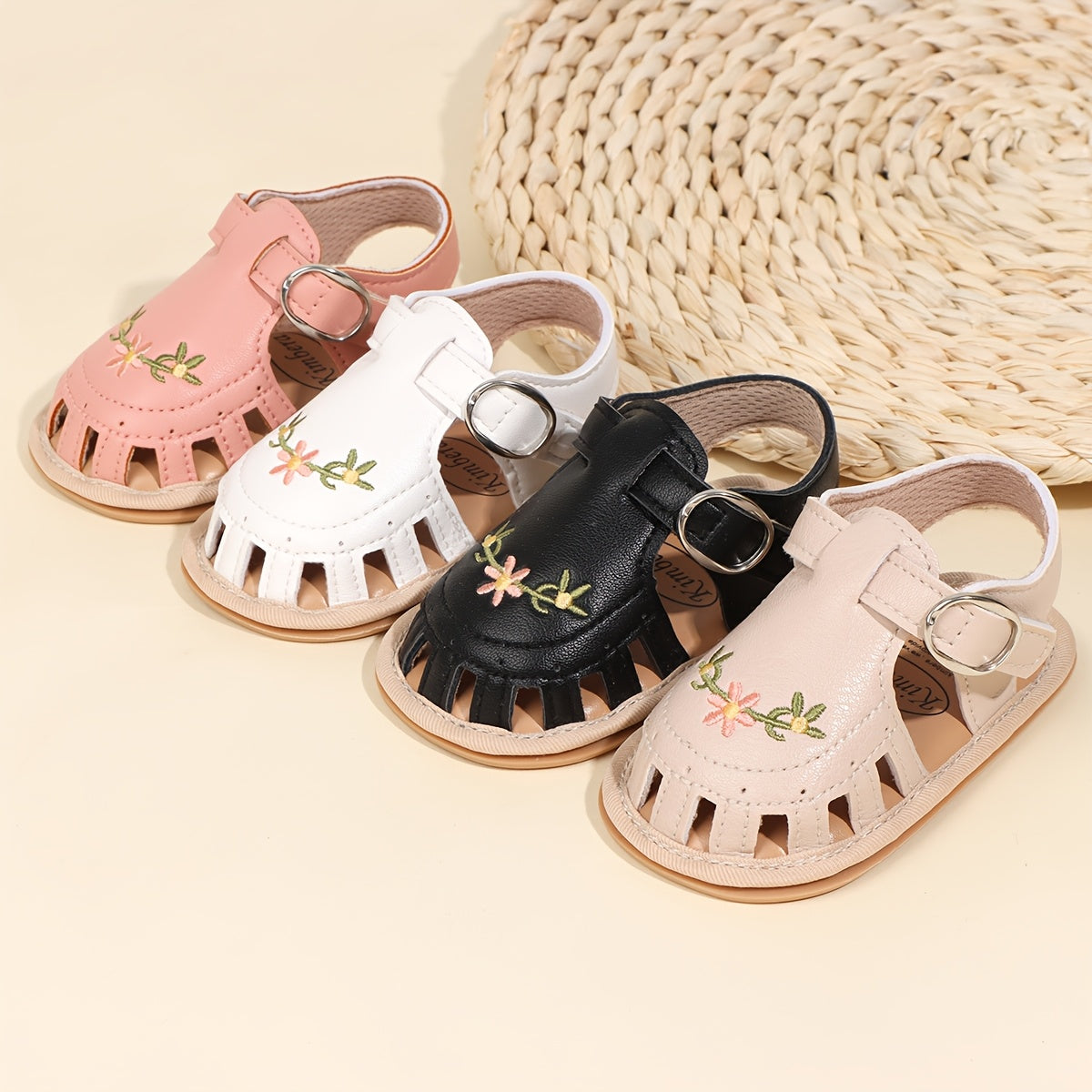Kichkina qizlar uchun sandal open toe, gul naqshli tikilgan, yumshoq taglik, vint va halqali, kundalik yozgi kiyim uchun