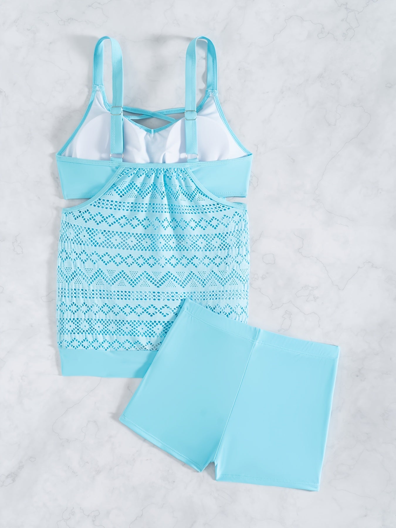 Women's Tankini Set with Cross Strap and Hollowed-Out Shorts Swimsuit Solid Color High Stretch