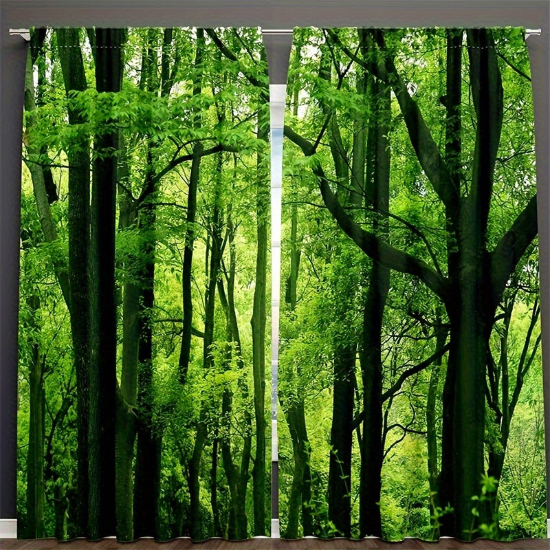 Set of 2 Forest Green Tree Curtains Jungle Branches Nature Scenery Window Treatment
