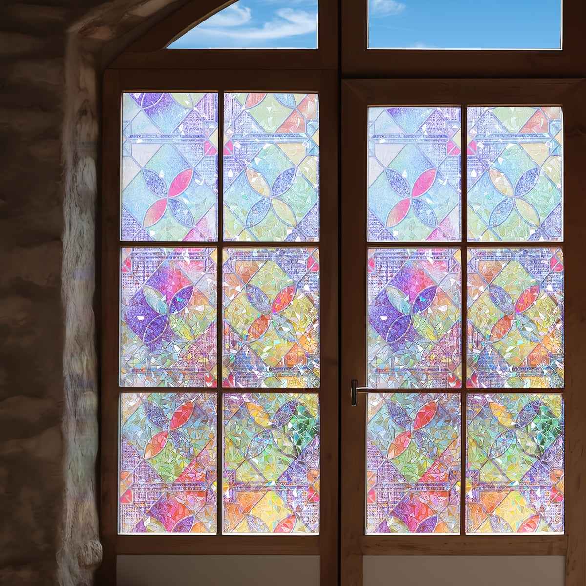 Frosted Privacy Window Film with Crescent & Diamond Pattern, Heat Control, No-Glue, Semi-Transparent, 9mil PVC