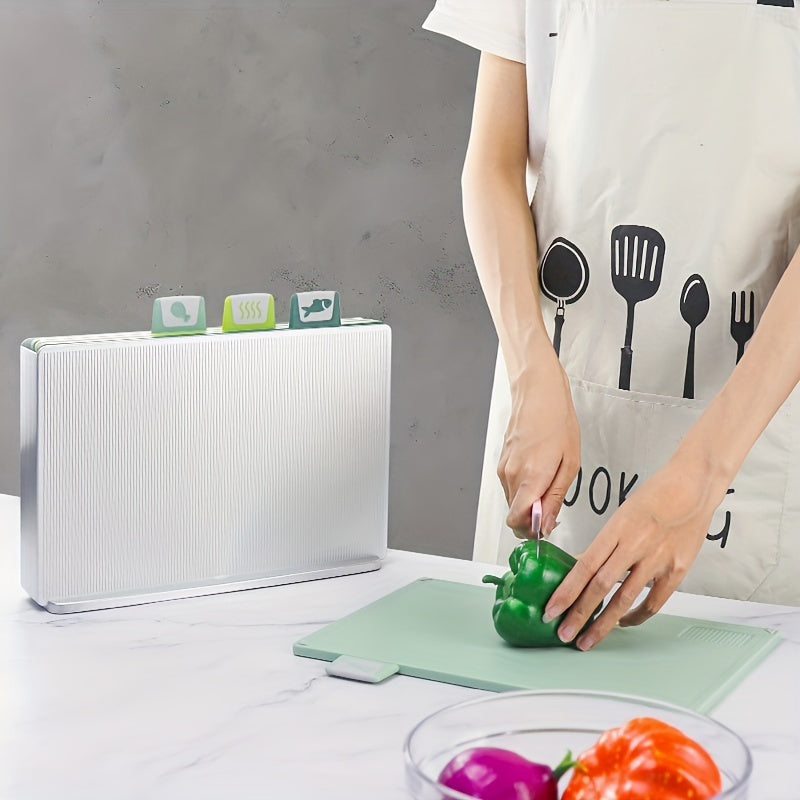 Set of 4 Square Plastic Cutting Boards with Non-Slip Base and Storage Rack