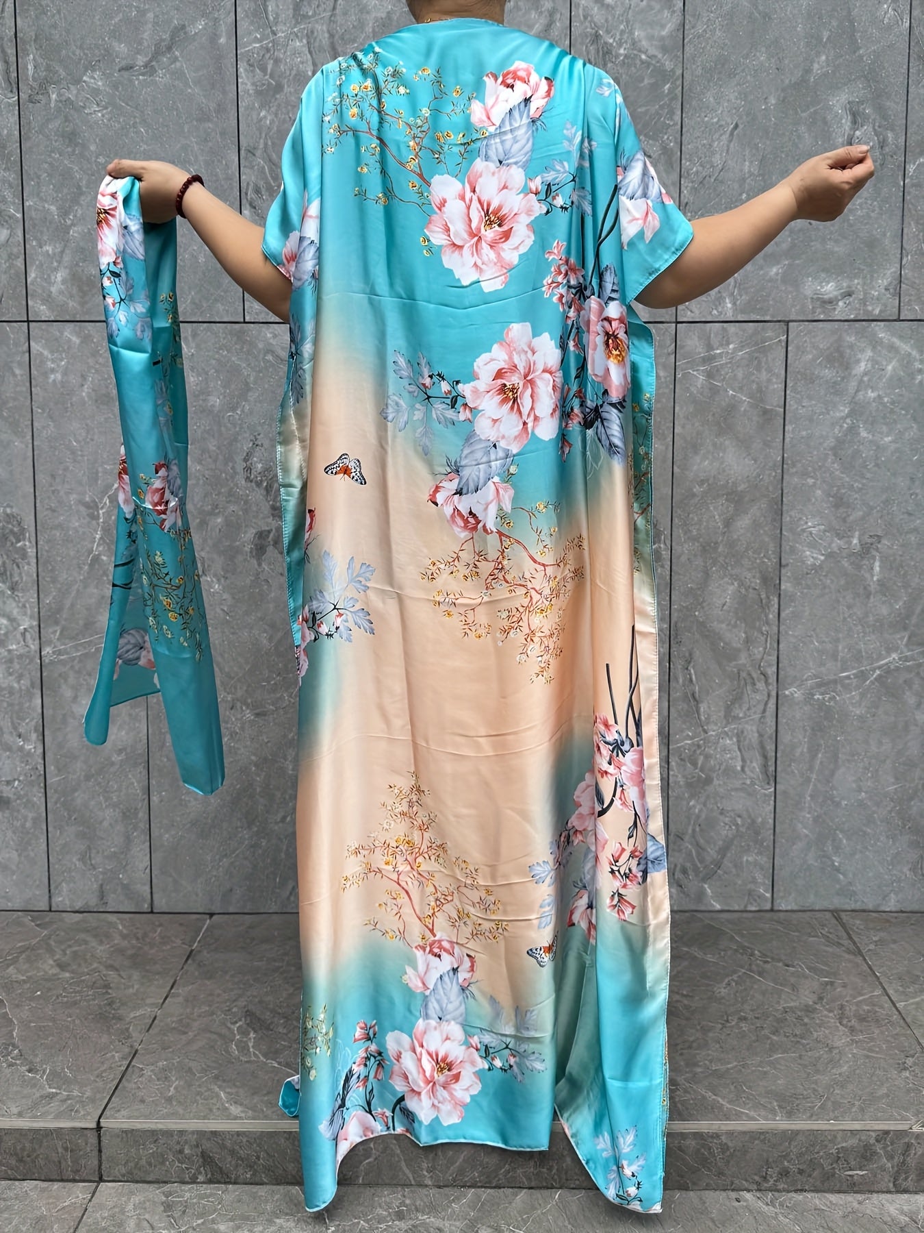 Plus Size Floral Print Kaftan Dress with Scarf Longline Loose Fit Summer