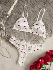 Women's Heart Print Lingerie Set with Bow-Knot Details for Daily Wear