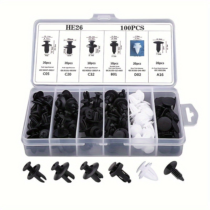 Universal Car Plastic Fastener Set, 100 Pieces, Durable Nails