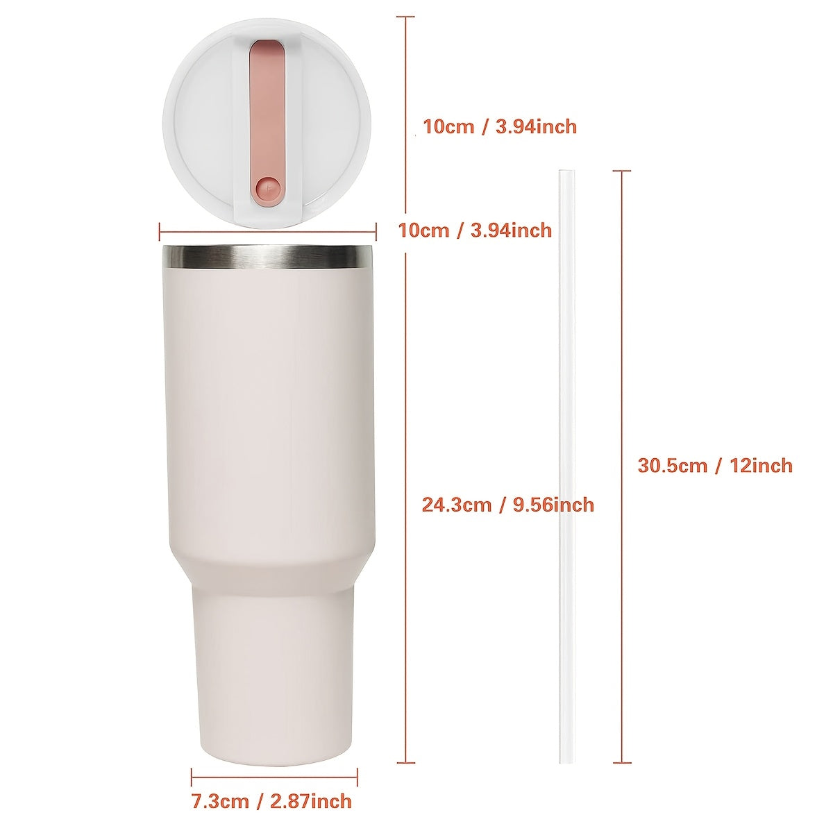 Taza de viaje de acero inoxidable de 40oz con tapa, pajilla, asa, aislamiento al vacío, apta para lavavajillas, gris claro, rosa, marfil, blanco