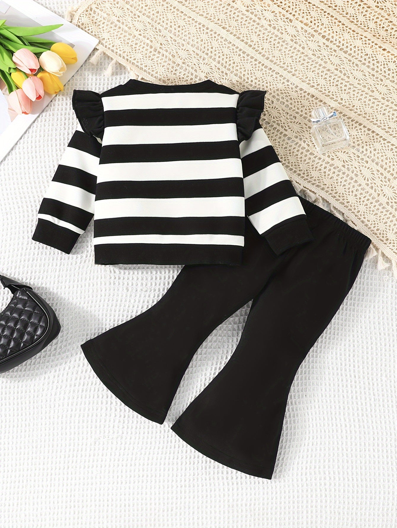 Girls Casual Outfit with Striped Top and Bell Pants for Spring and Fall