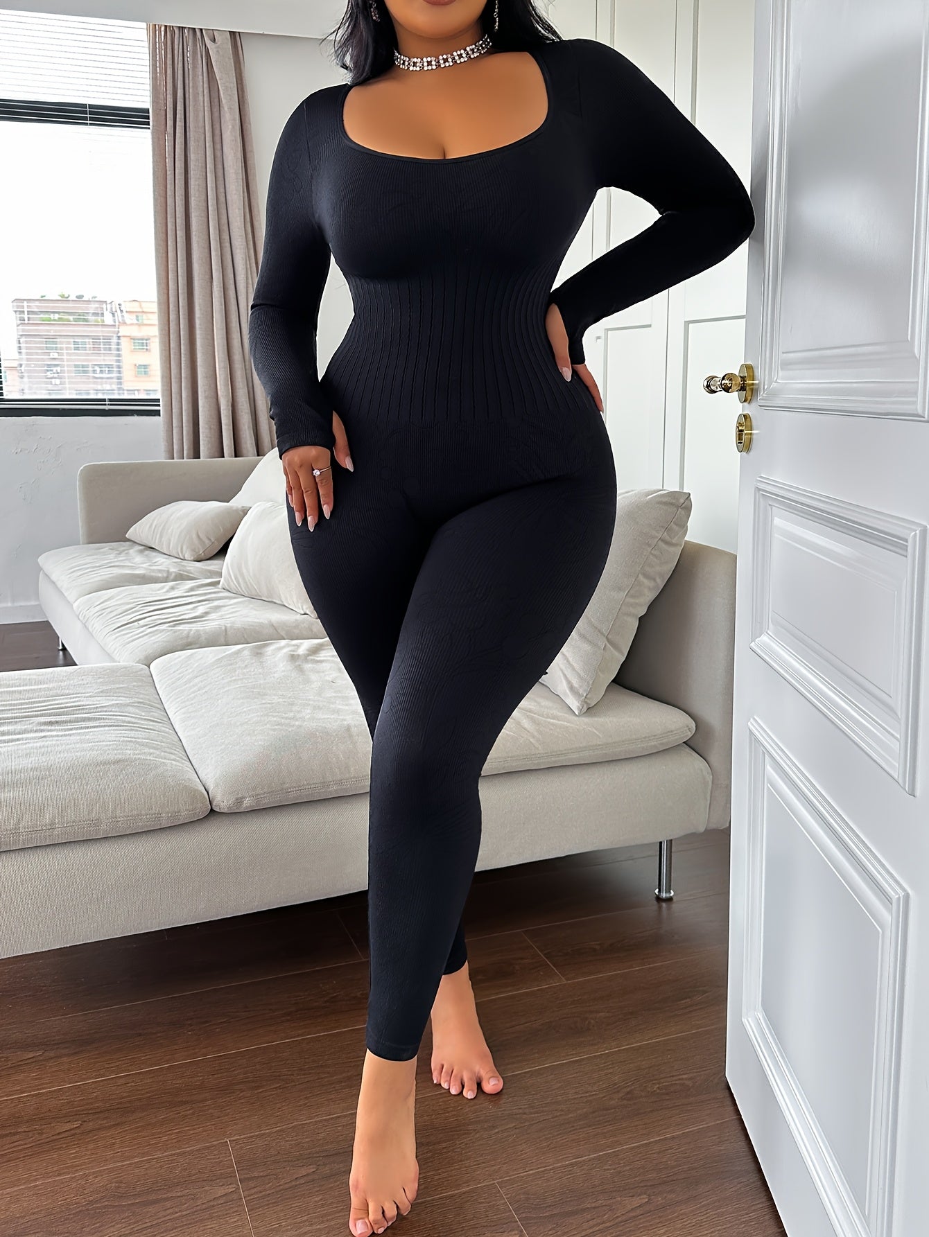 Mono de manga larga para mujer talla grande negro, elástico, para todas las estaciones, comodidad