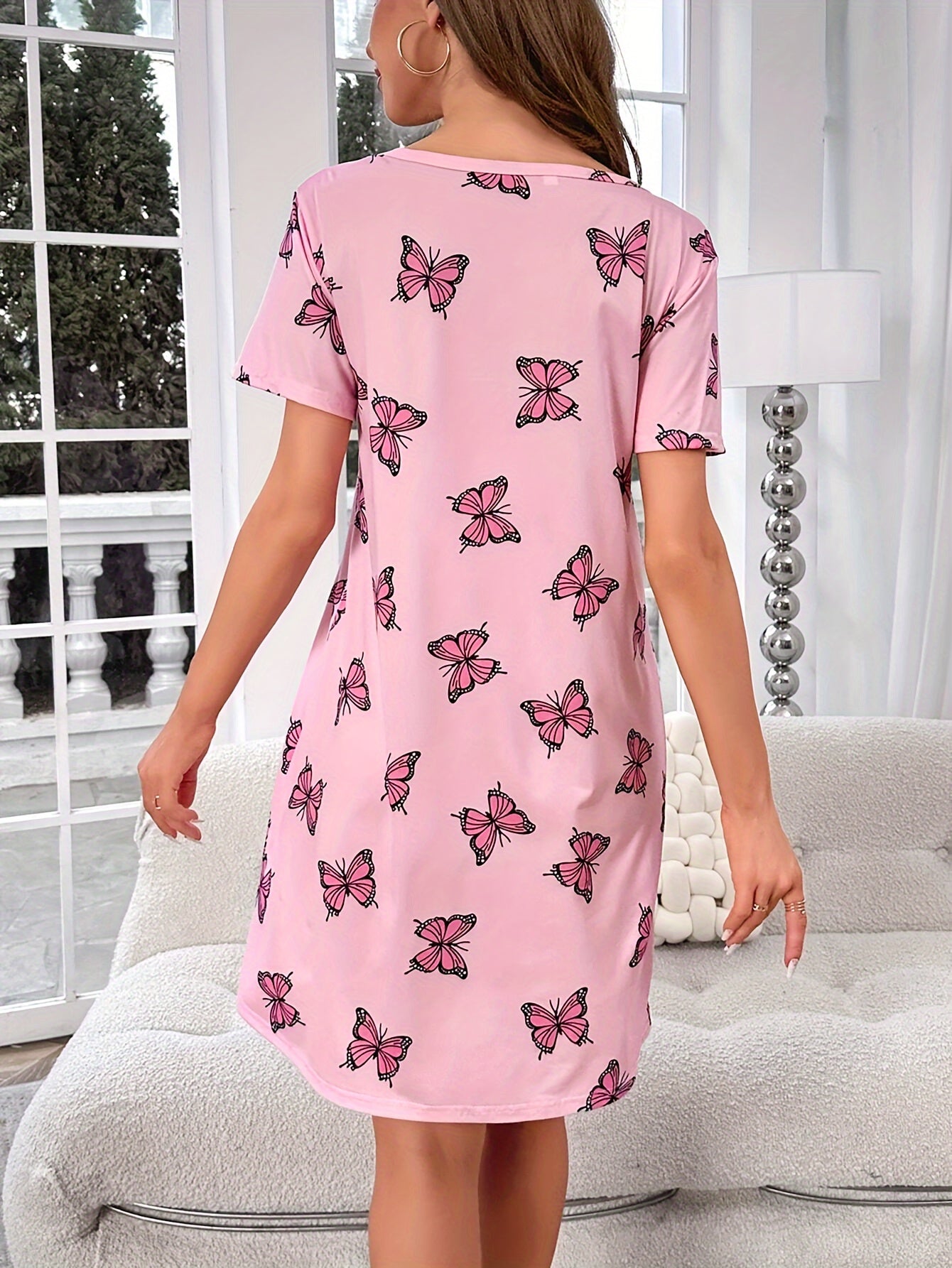Butterfly Print Nightdress for Women Short Sleeve Crew Neck Summer Sleepwear