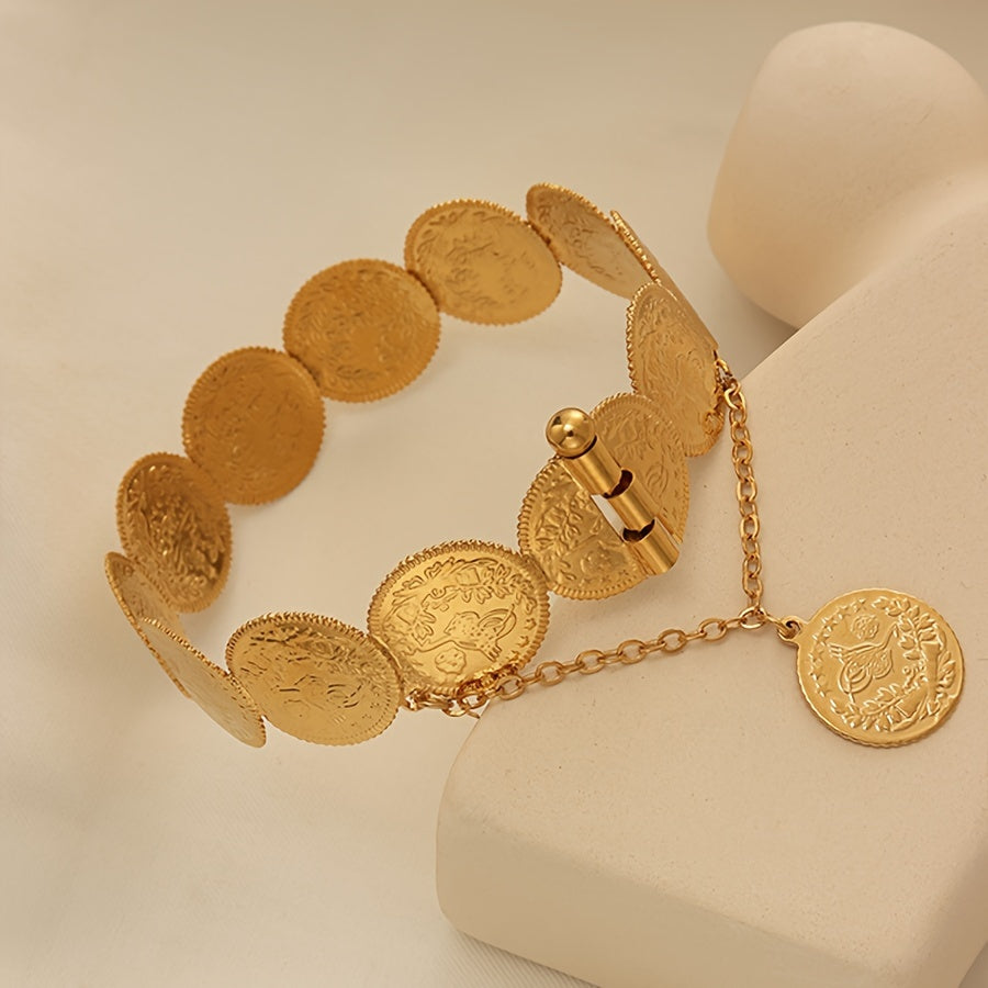 Gold Plated Bangle Bracelet with Coin Detail Vintage Style Copper Alloy for Women