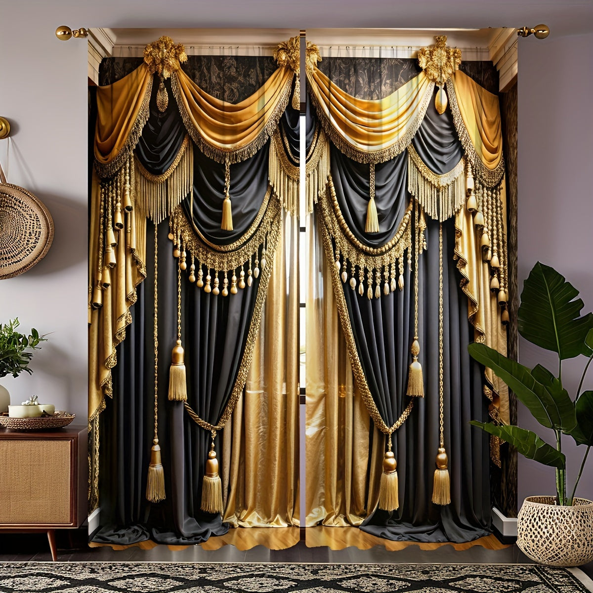 2pc Black and Gold Semi-Sheer Polyester Valance Curtains Rod Pocket for Living Room Bedroom