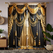 2pc Black and Gold Semi-Sheer Polyester Valance Curtains Rod Pocket for Living Room Bedroom