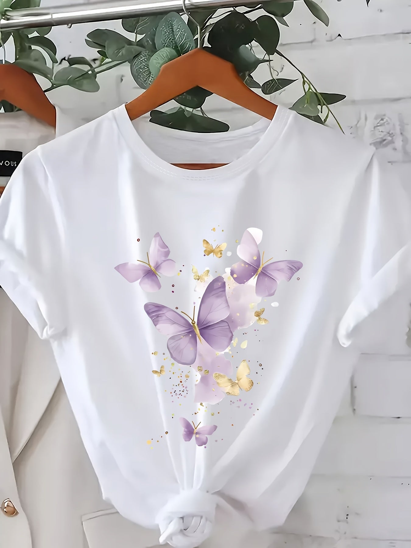 Plus Size Purple Butterfly Print Short Sleeve T-Shirt for Women