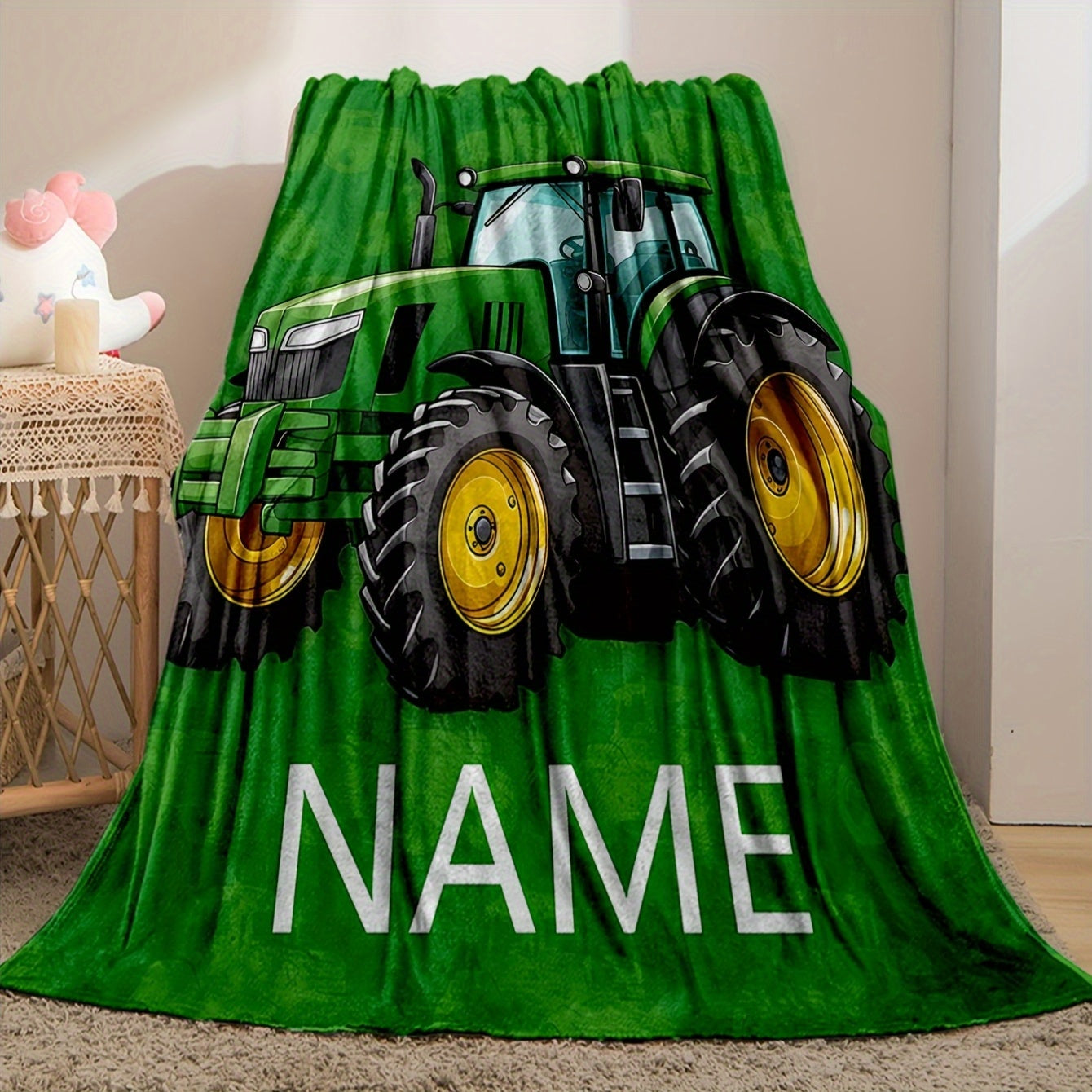Personalized Tractor Blanket Cozy Flannel Throw for Couch Bed Living Room Allergen-Free Double-Sided Digital Print