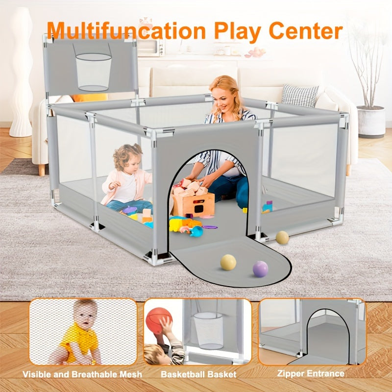 Baby Playpen with Basketball Hoop and Climbing Mat Square Shape for Indoor Child Play