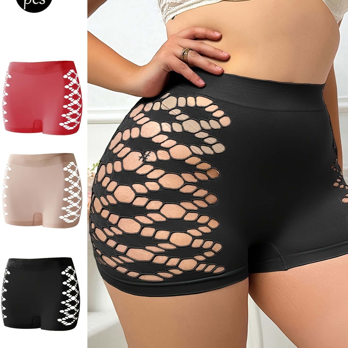 Plus Size Women's Sports Boyshorts Breathable Mesh Semi-Sheer Panties 3-Pack