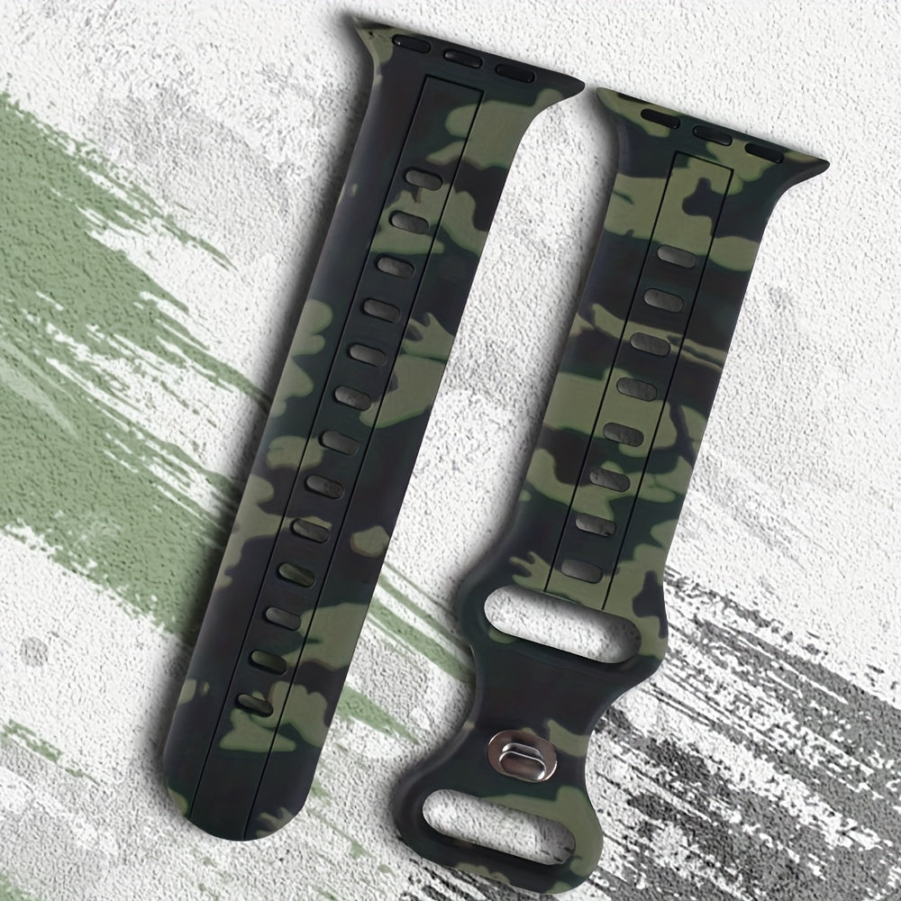 Ko'p rangli kamuflyaj silikondan yasalgan sport tasmasi IWatch Series 9-1 SE uchun, suv o'tkazmaydigan, terga chidamli, qulay, mustahkam, metall sozlash teshigi bilan, kapalak dumiga o'xshash dizayn.