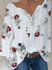 Plus Size Floral Print Blouse Lace Ruffle Neck Casual Top