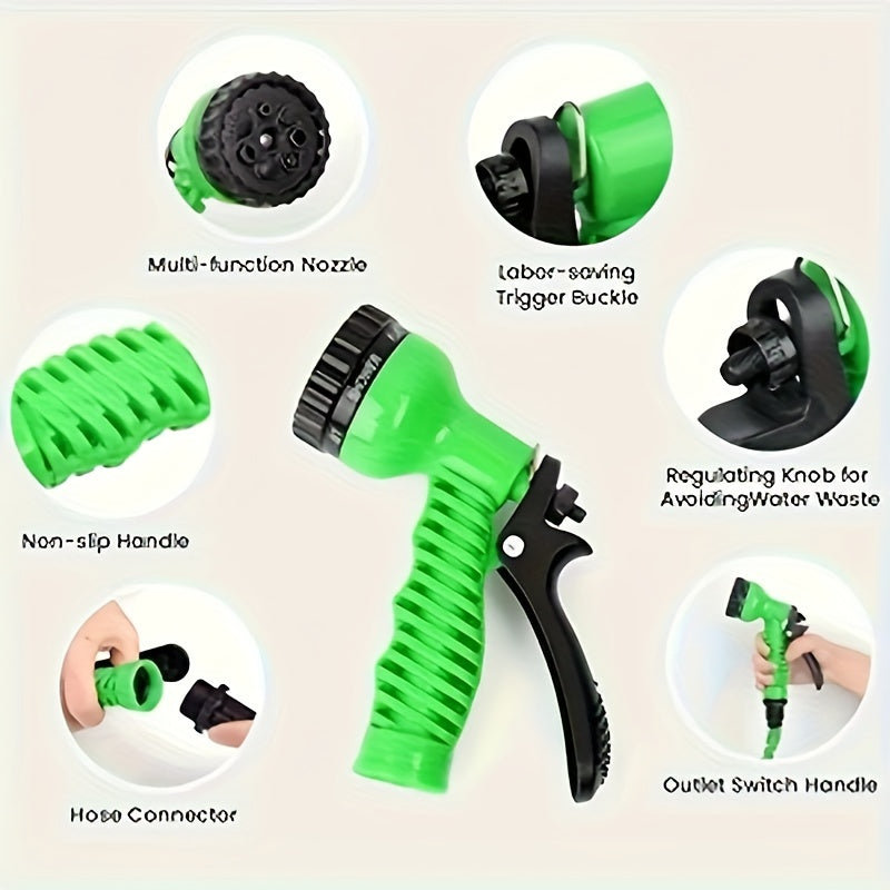 Expandable Green Rubber Garden Hose 30ft with High-Pressure Spray Gun and Anti-Kink Nozzle