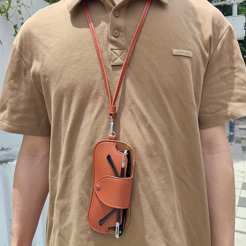 Unisex Brown Black PU Leather Eyeglass Case with Neck Strap and Holder