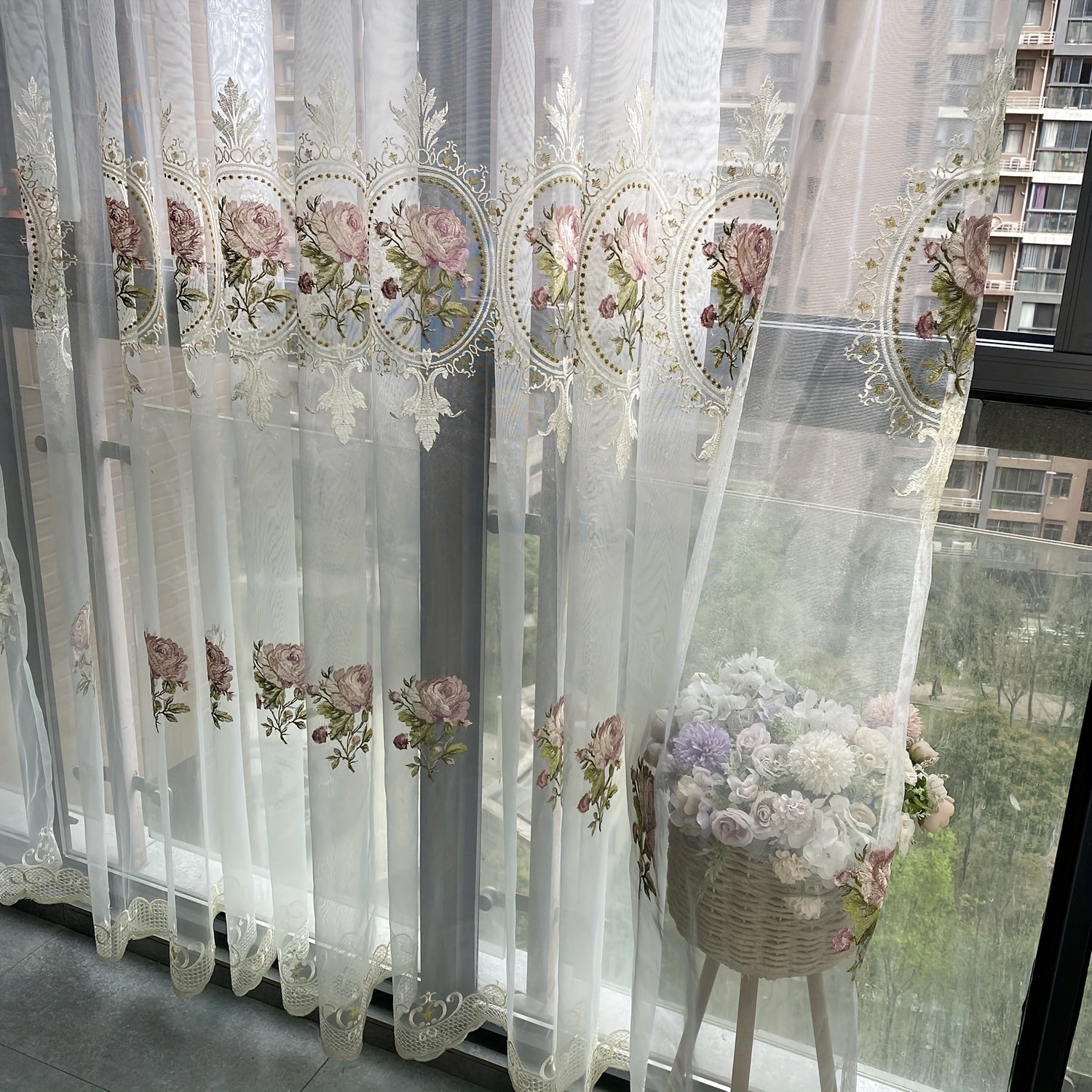 White Sheer Voile Curtain Drapes with Peony Embroidery for Living Room or Bedroom