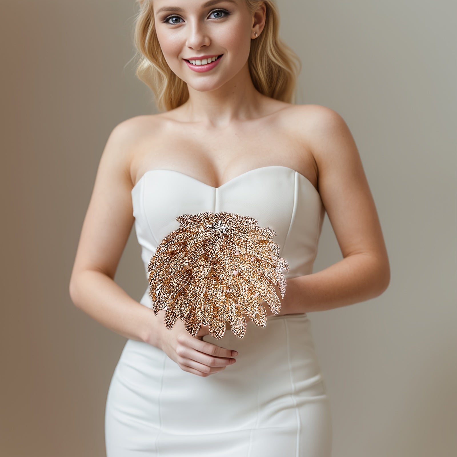 Qoʻlda tayyorlangan toʻy buketi, rhinestone zanjiri va yaproq detallar bilan, kelinlar va kelin qizlar uchun