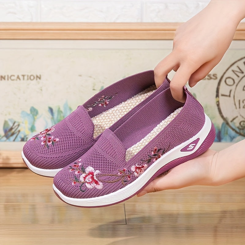 Ayollar uchun vintage gul naqshli slip-on sport poyafzallari nafas oladigan tarmoq, anti-odor, binafsha
