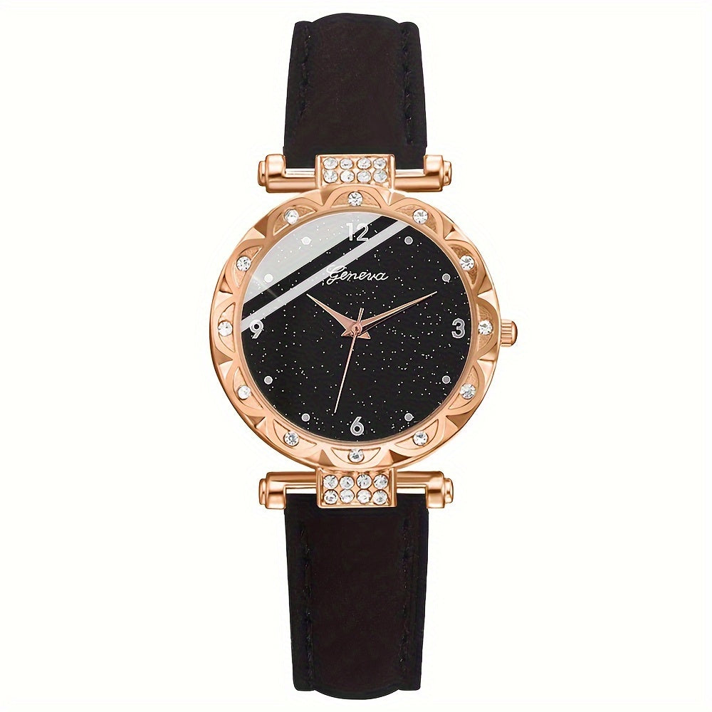 Women's Jewelry Set of 5 Shiny Rhinestone Quartz Watches and Bracelets Made of PU Leather