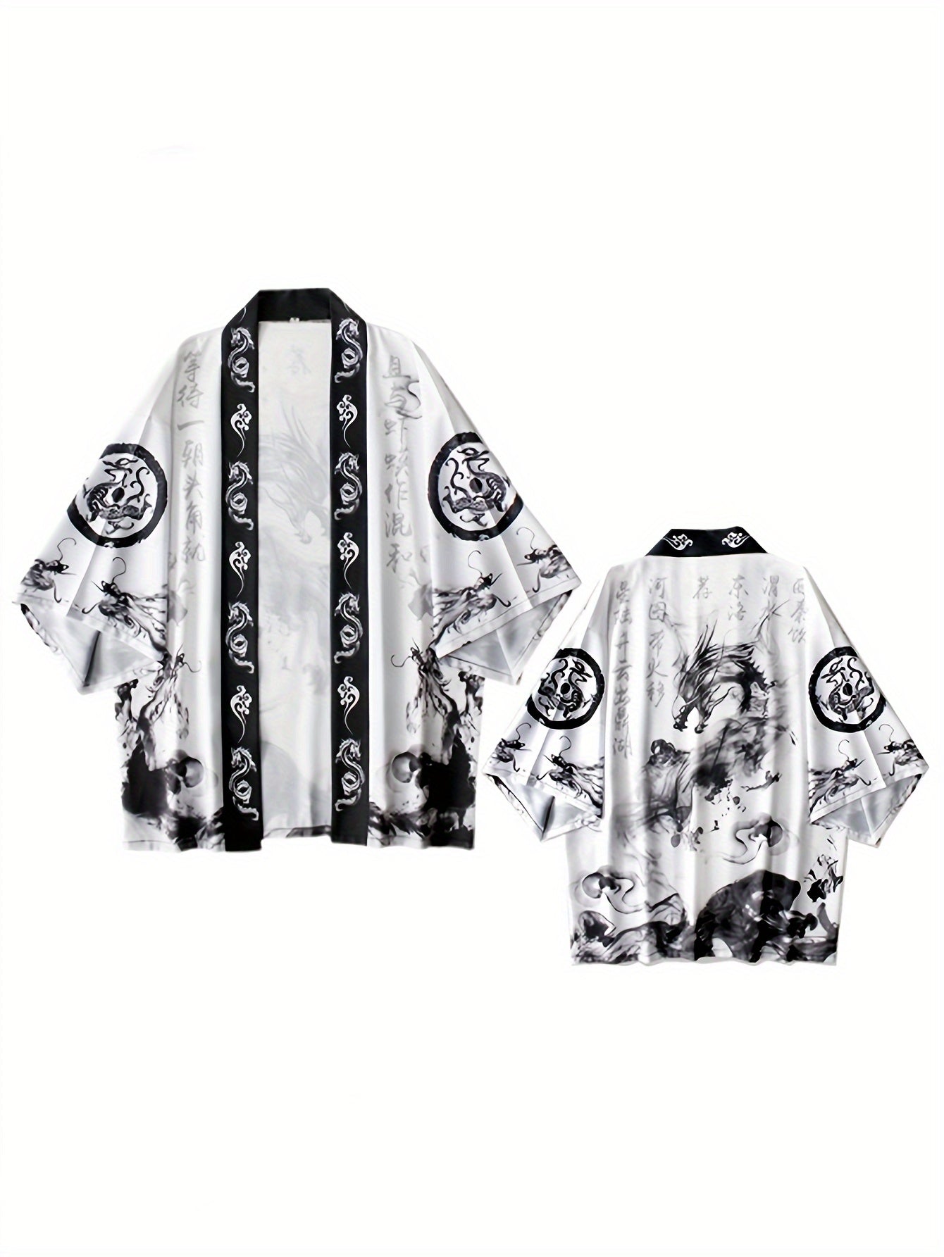 Men's Lightweight Kimono Cardigan with Dragon Print, 3/4 Sleeves, Open Front