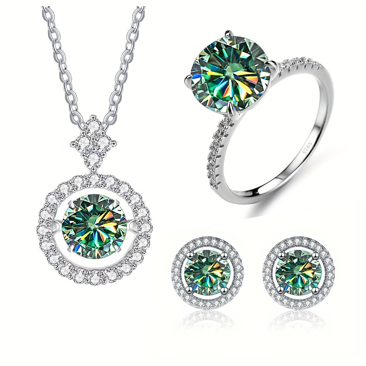 Set of 4 Moissanite Earrings 1ct Each Sterling Silver with Ring and Necklace in Multiple Colors
