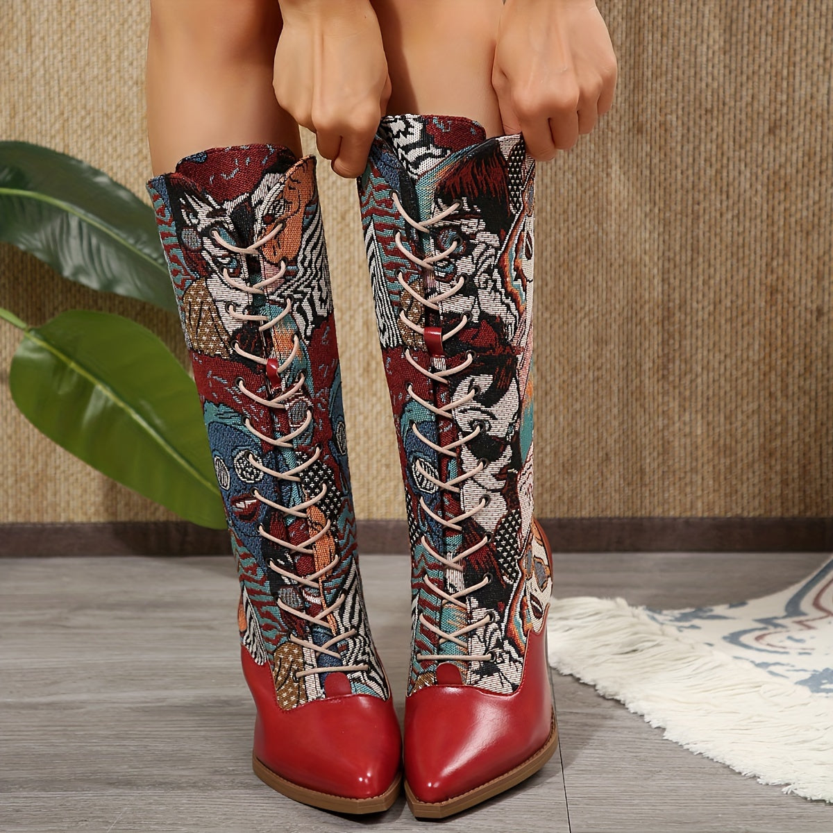 Women's Embroidered Leather Mid-Calf Western Boots with Chunky Heel