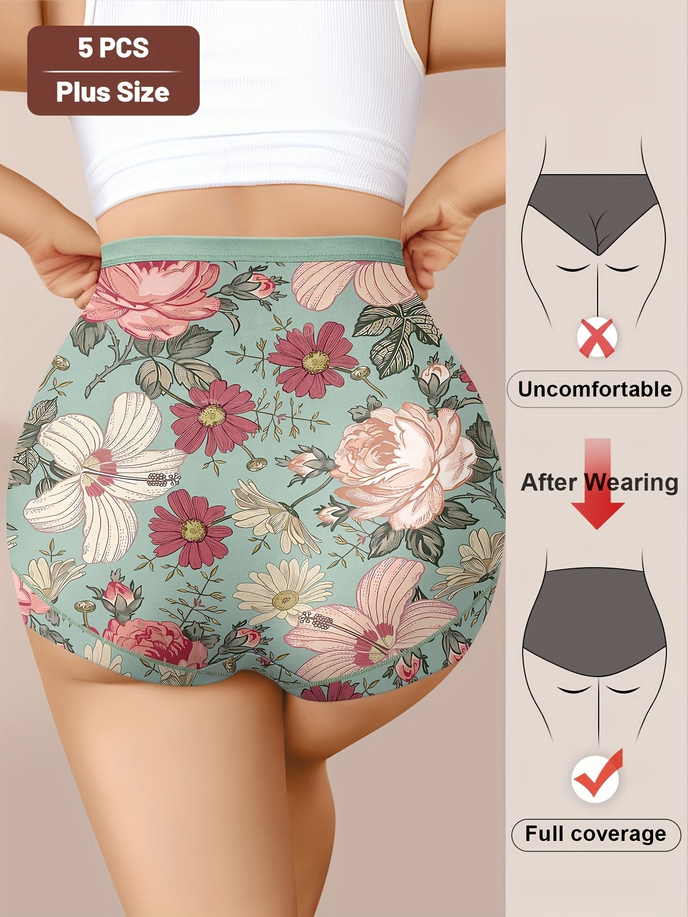 Plus Size Floral Print High-Waist Panties Tummy Control Butt Lifting 5 Pack
