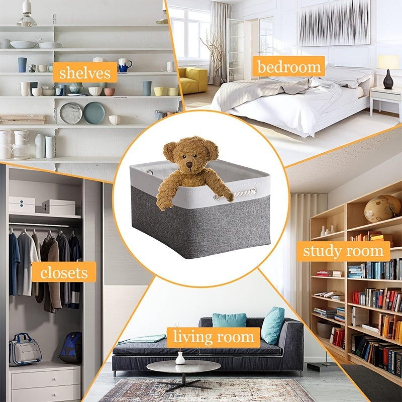 Gray and White Linen Storage Basket with Rope Handles for Closet and Nursery Organization