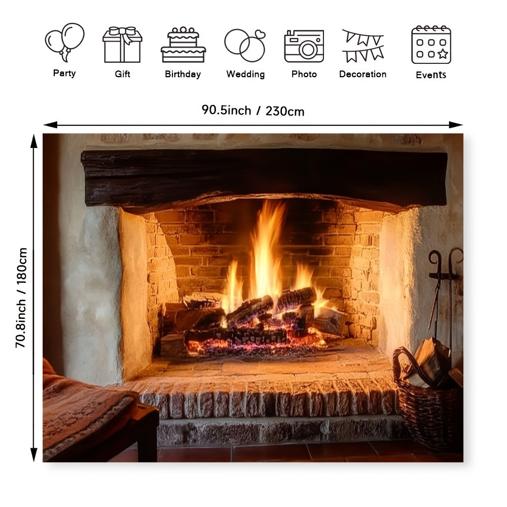 Polyester Fireplace Backdrop Cloth for Home Decor, Wood Burning Scene, All Seasons