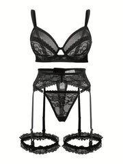 Ayollar uchun katta o'lchamdagi ichki kiyimlar to'plami, gul naqshli tikanli bra, thong, gartyer, kamar va oyoq uzuklari