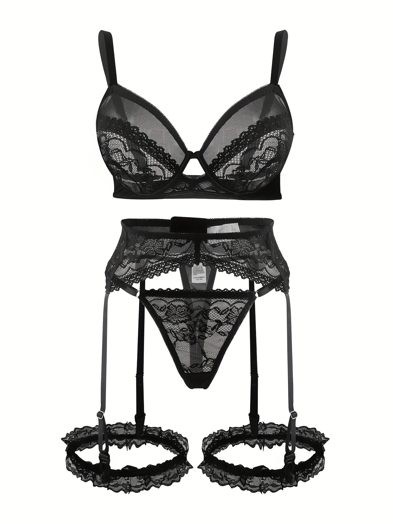 Ayollar uchun katta o'lchamdagi ichki kiyimlar to'plami, gul naqshli tikanli bra, thong, gartyer, kamar va oyoq uzuklari