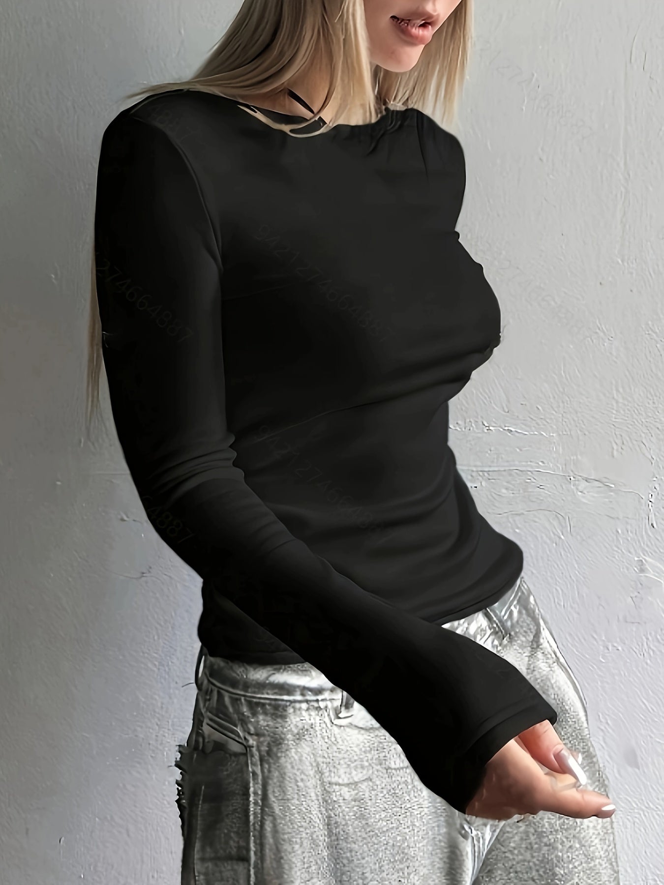 Women's Long Sleeve Crew Neck Top Solid Color Fall Winter Polyester Elastane Stretch Fabric