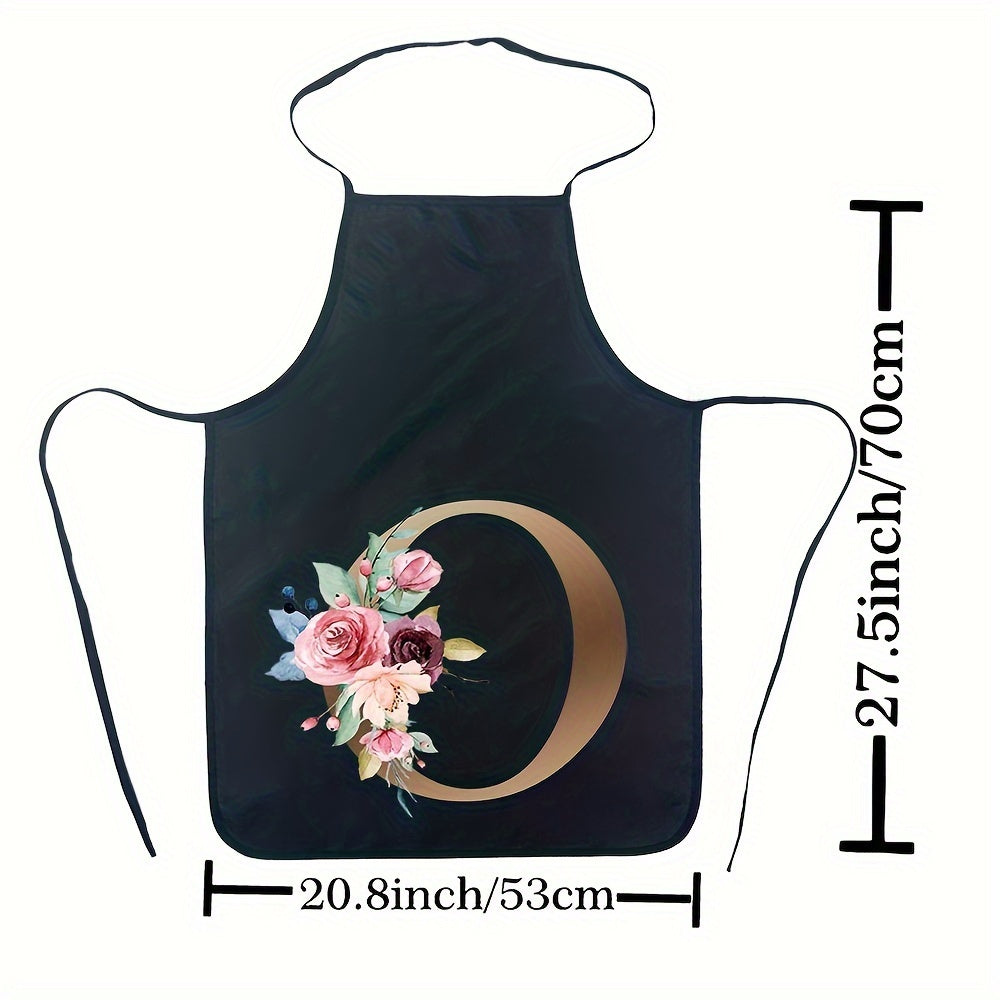 Women's Floral Polyester Kitchen Apron with Letter Print and Monogram