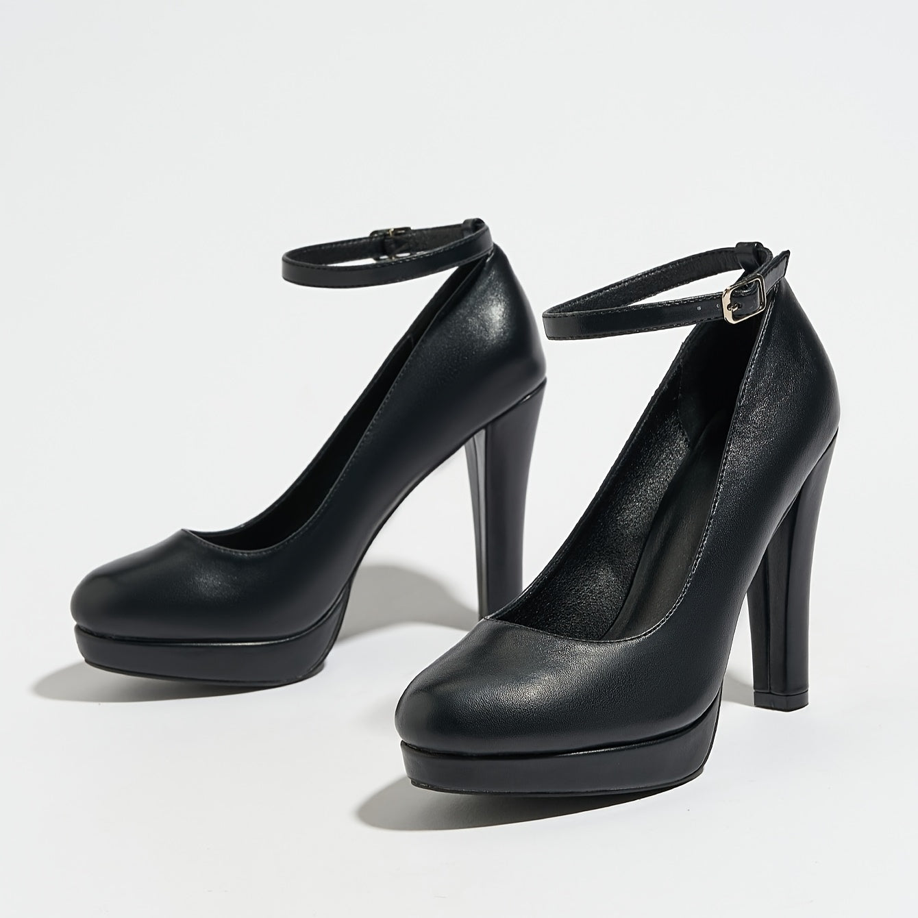 Women Solid Color Round Toe Mary Jane Pumps Breathable Ankle Strap Block Heel