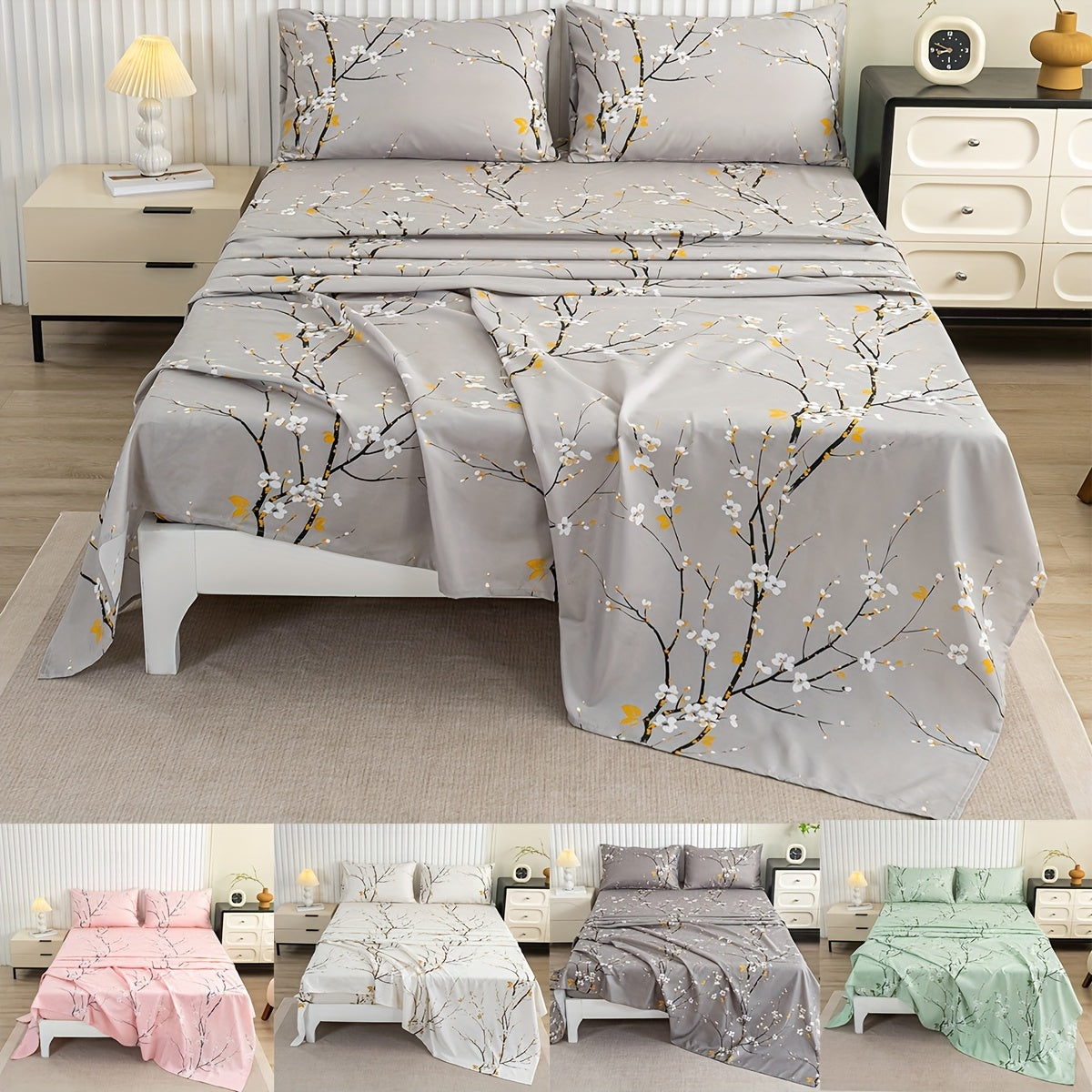 Floral Branch Microfiber Fitted Sheet Set with Deep Pockets and Pillowcases