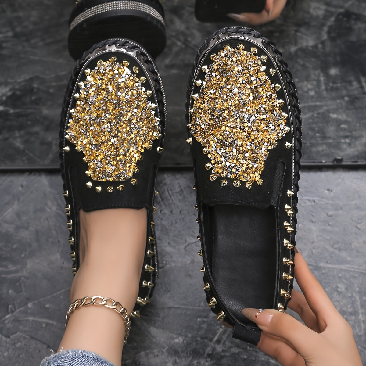 Ayollar uchun kundalik sport poyabzali, rhinestones bilan, engil slip-on loaferlar