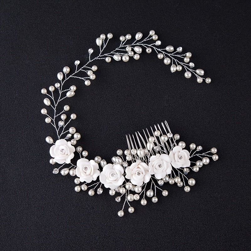Faux Pearl Headband for Brides with Rose Detailing Wedding Hair Accessory
