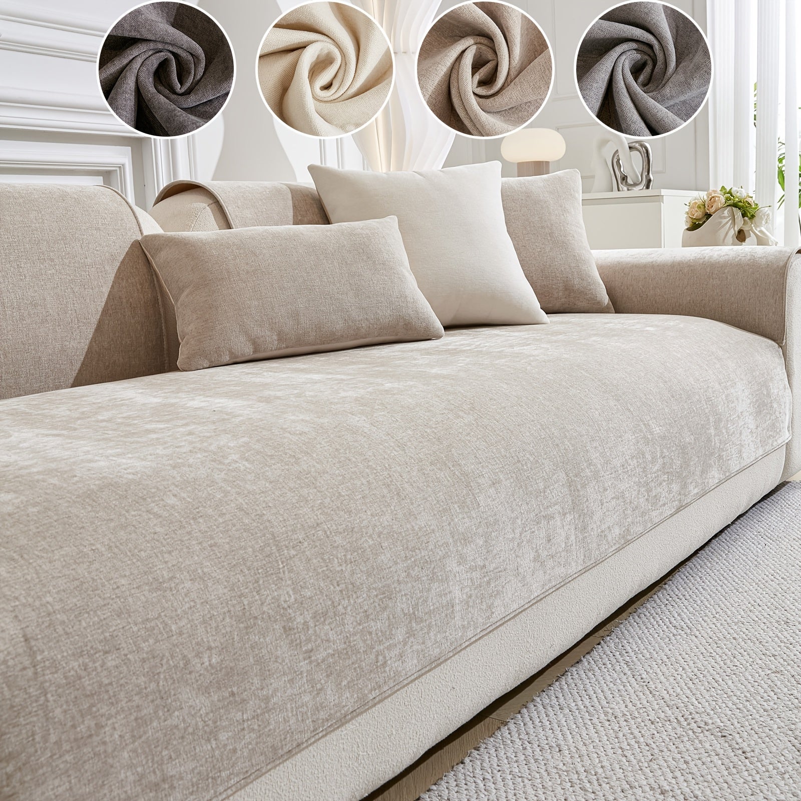 Chenille Sofa Cover Non-Slip Pet-Friendly All Seasons Fits 1-4 Seaters Light Beige