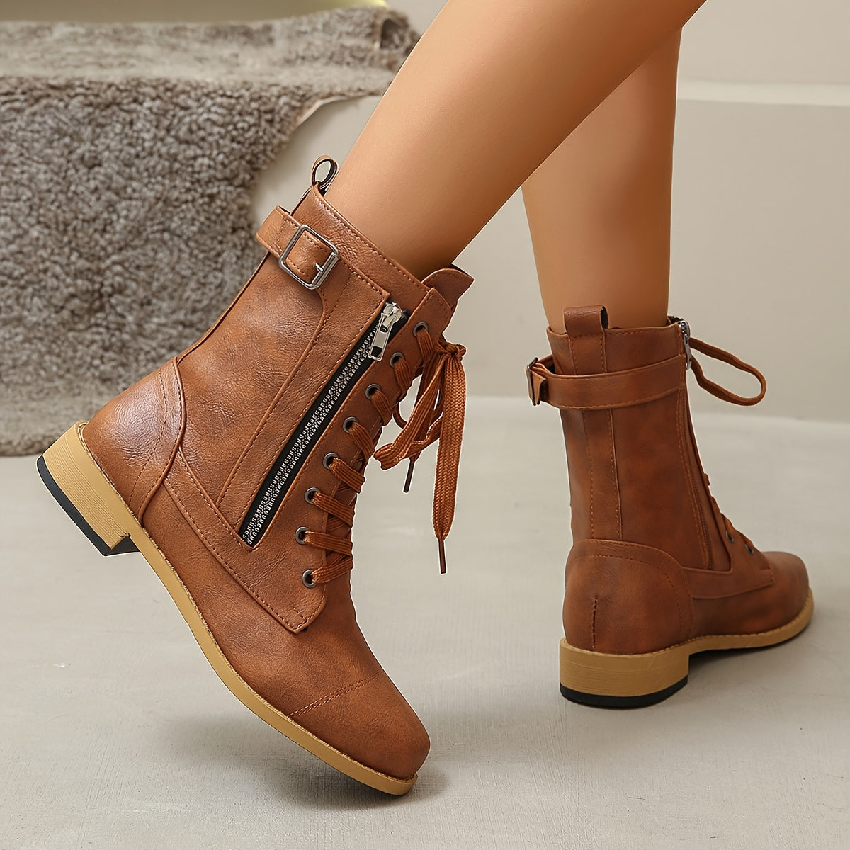 Women's Western Knee-High Boots Retro PU Pull-On Round Toe Cowgirl Festival Shoes