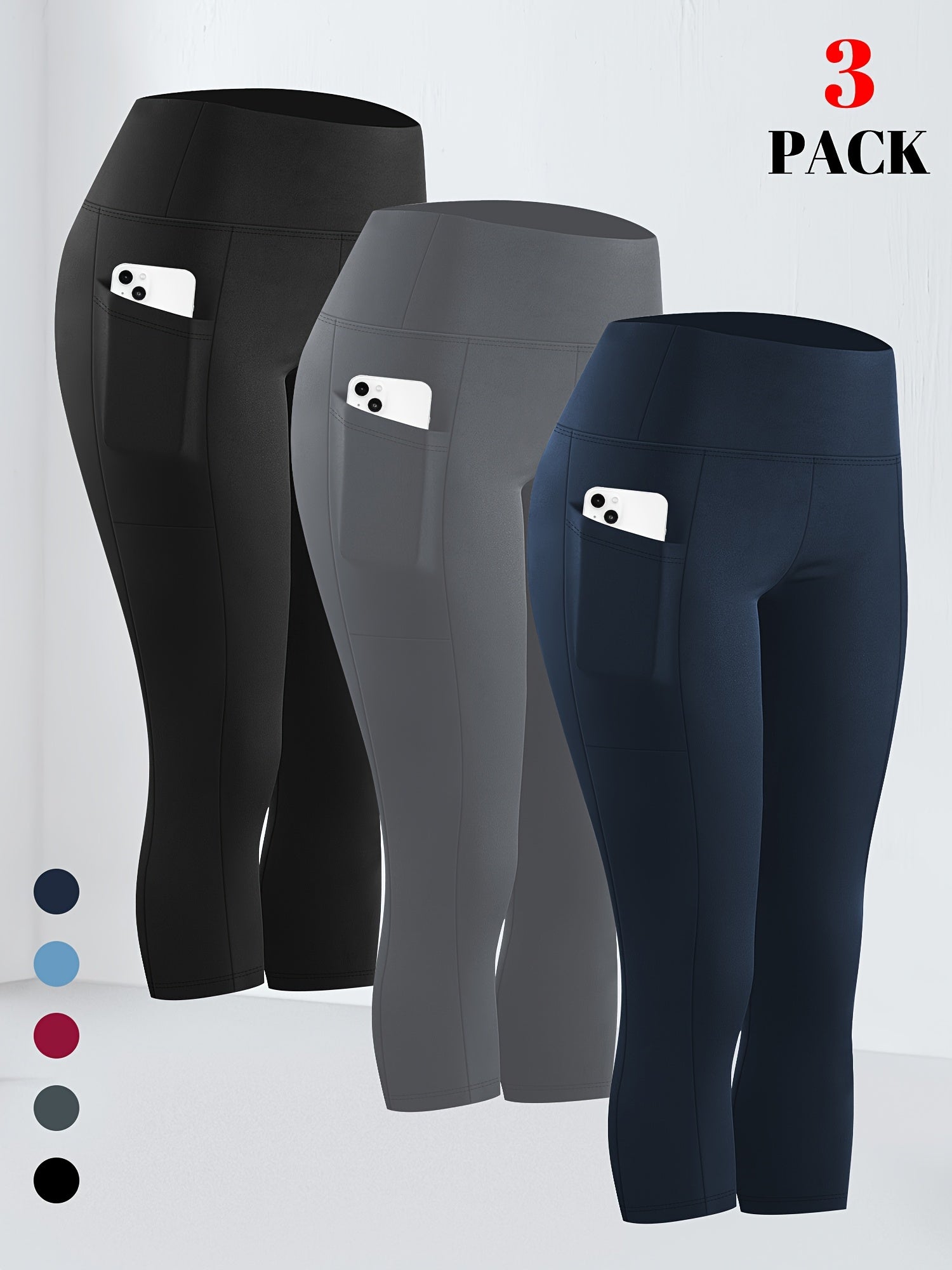 Plus Size Women's High-Waisted Tummy Control Capri Leggings 3-Pack