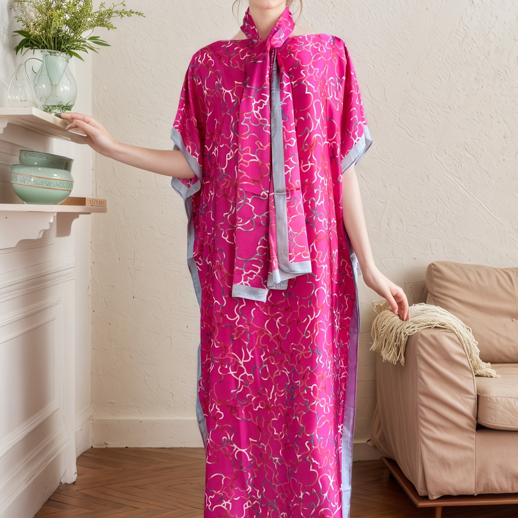 Plus Size Women's Pink Geometric Print Abaya With Headscarf Loose Fit Dress