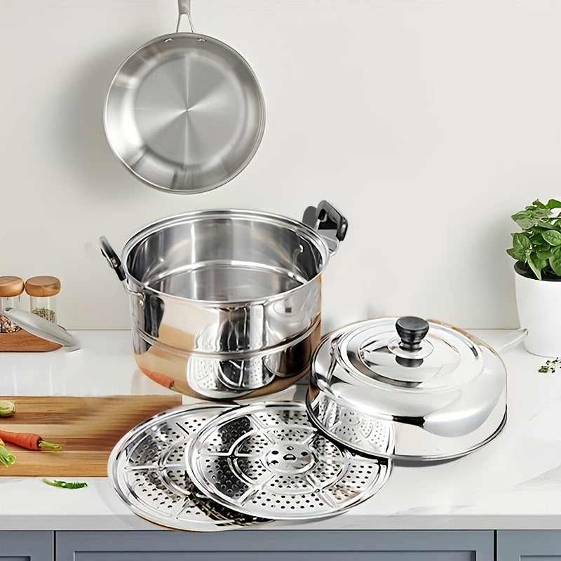 Olla de vapor de doble capa de acero inoxidable de 26cm con tapa para cocinar y cocinar al vapor