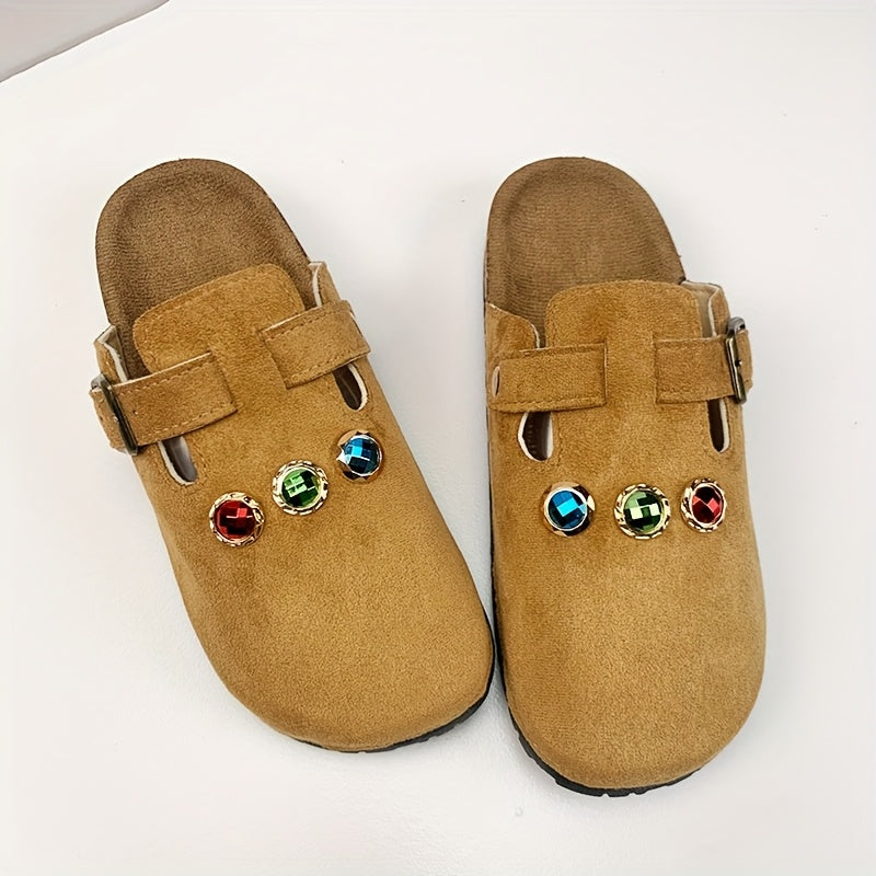 Women's Slip-On Mules Fabric Casual Loafers with Adjustable Straps and Gemstone Accents