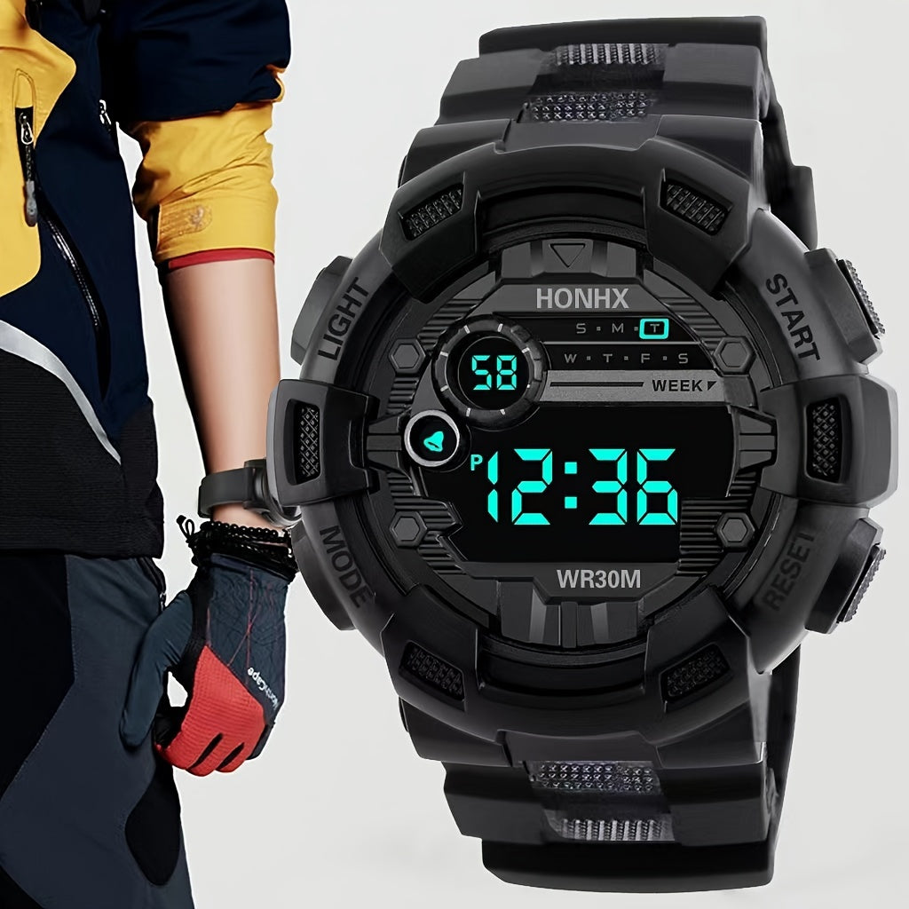 Men's Digital Sports Watch with Stopwatch Night Light and Black Plastic Band