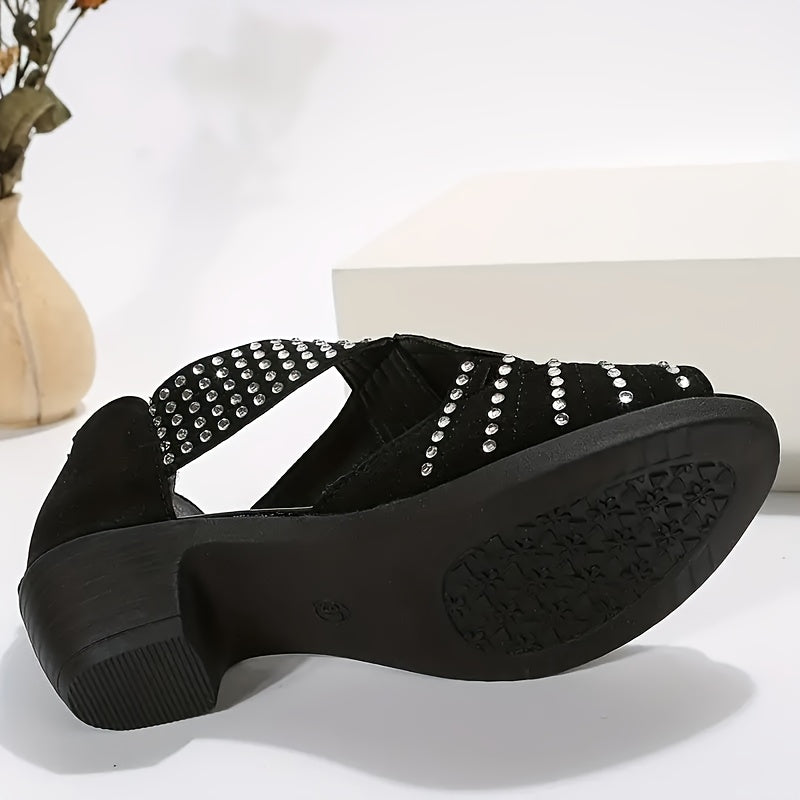 Women's Low Heel Rhinestone Cutout Chunky Sandals Plus Size Summer