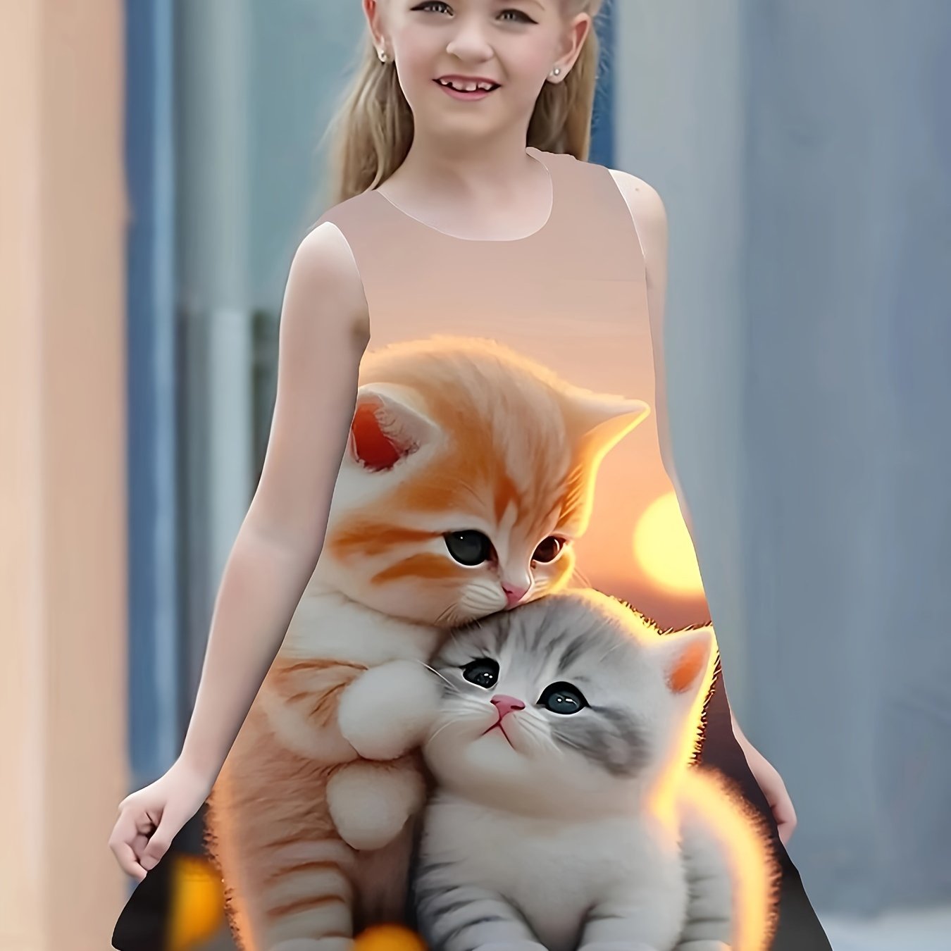 Kids Girls Sleeveless Dress with Kitten and Sunset Print for Summer and Spring